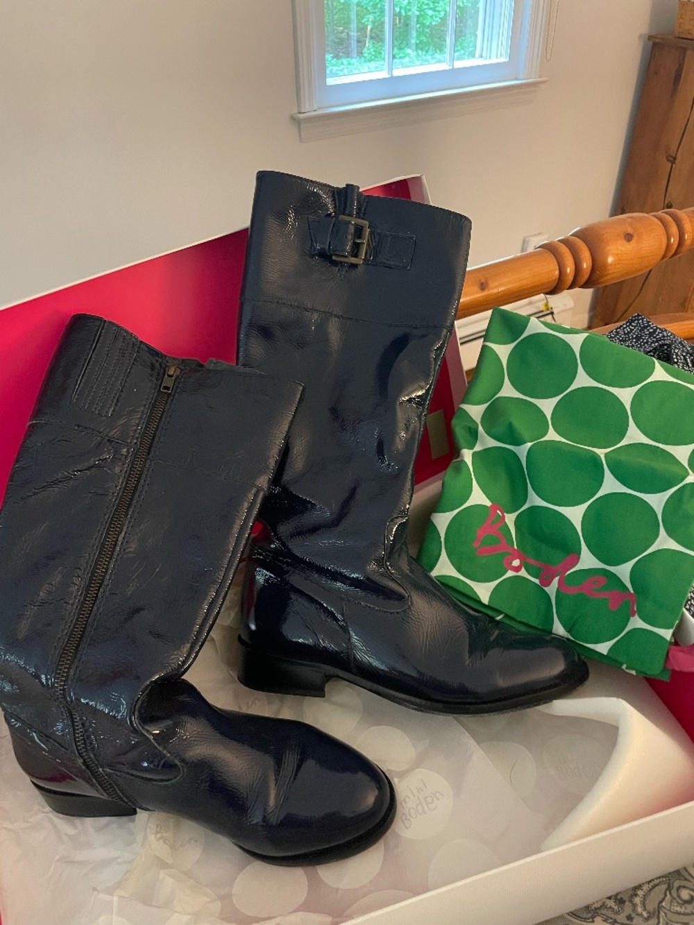 Boden navy blue patent tall boots size 39 (8.5)
